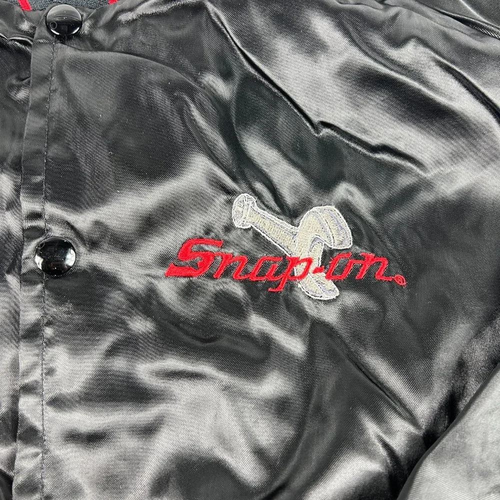 VTG 90s Snap-On Satin Jacket Extra Large Black Embroidered Snap Button USA Made